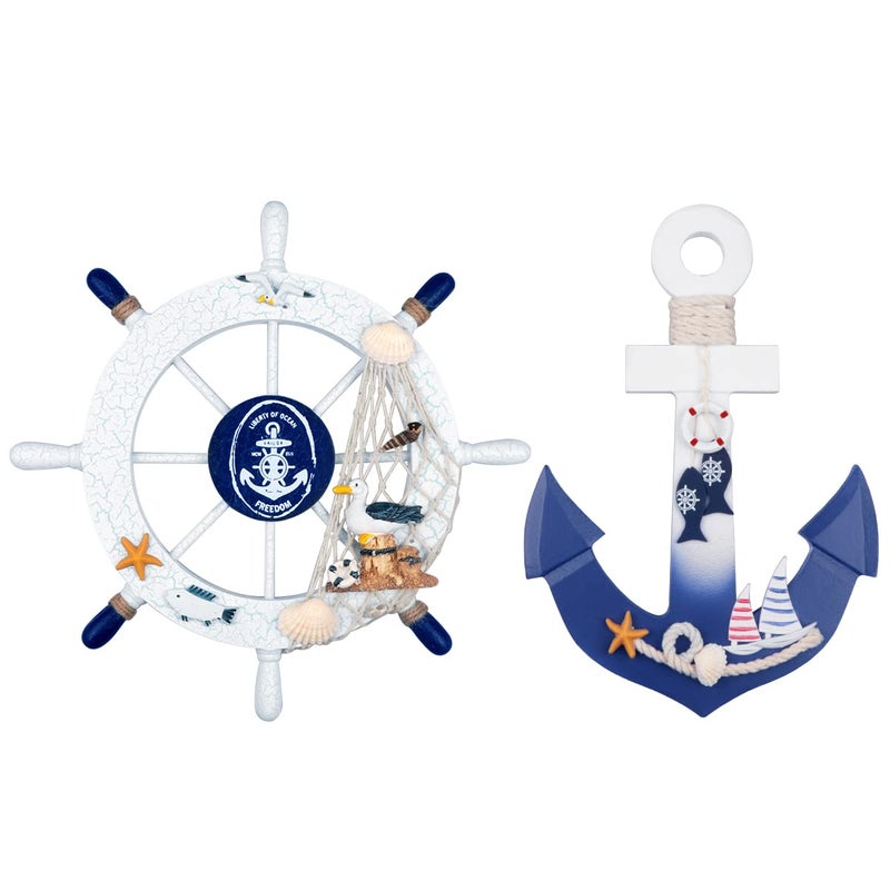 Meching 2 Pack 11" Nautical Beach Wooden Ship Wheel and 11" Wooden Anchor with Rope Nautical Boat Steering Wheel Rudder Anchor Wall Art Decor Door Hanging Ornament Beach Theme Home Decoration(White&Blue) - Image 1